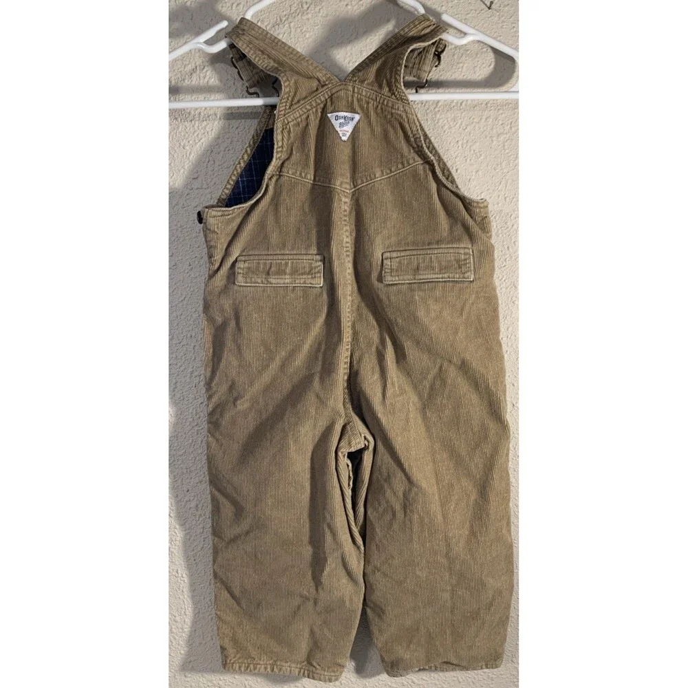 OSHKOSH B'GOSH Bib Overalls 2T 24 Mos Lined Khaki Tan Corduroy Pockets Farm